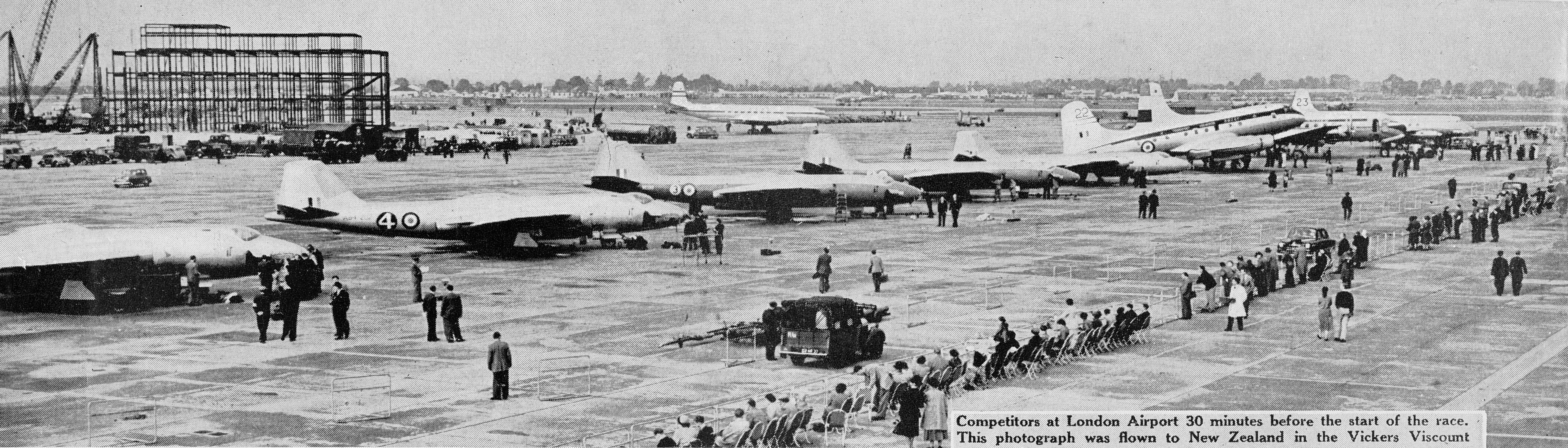 Copy of photo from page 29 from The Weekly News issue 21 October 1953. Aircraft entries in the London to Christchurch Air Race at Heathrow airport.