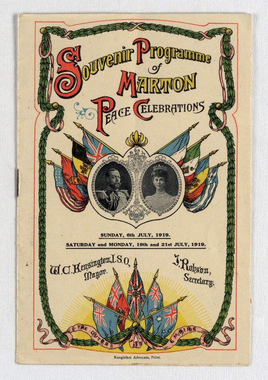 Programme for Marton Peace Celebrations, 8 July 1919. From the collection of the Air Force Museum of New Zealand. 