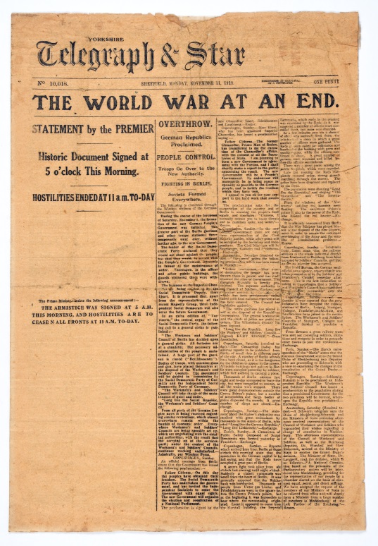 Yorkshire Telegraph and Star newspaper, 11 November 1918. Newspapers across the British Empire heralded the joyous news of the Armistice. From the collection of the Air Force Museum of New Zealand.