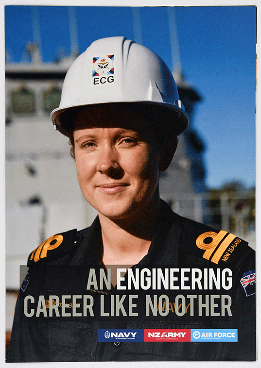 Fastforward to 2018, and this Tri-Service recruiting pamphlet features a female naval engineer on the cover. It describes the various kinds of military engineers, including the two different engineering roles in the Navy: Weapon Engineer Officer (WEO) and Marine Engineer Officer (MEO).