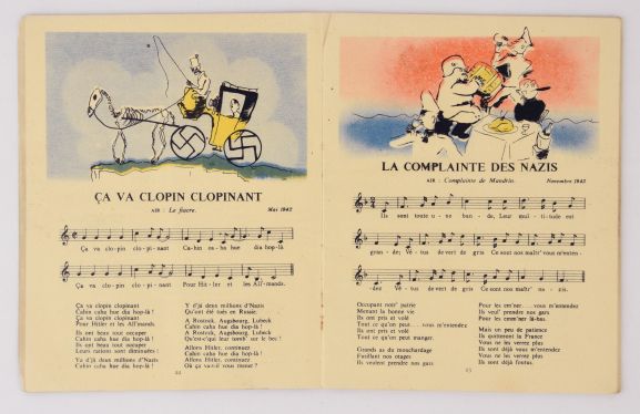 Songs from the 'Chansons de la BBC' Songbook, showing the illustrations, melody, and lyrics. From the collection of the Air Force Museum of New Zealand.
