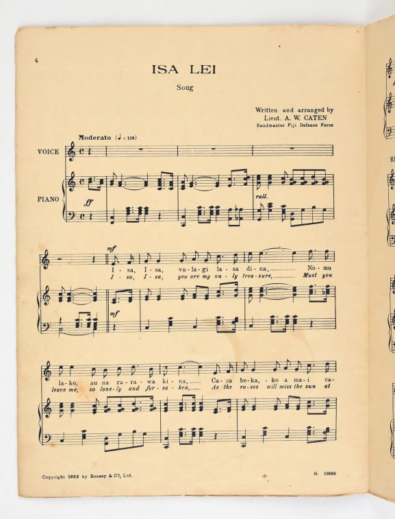 'Isa Lei – a Fijian Melody' sheet music showing the melody and the lyrics. From the collection of the Air Force Museum of New Zealand.