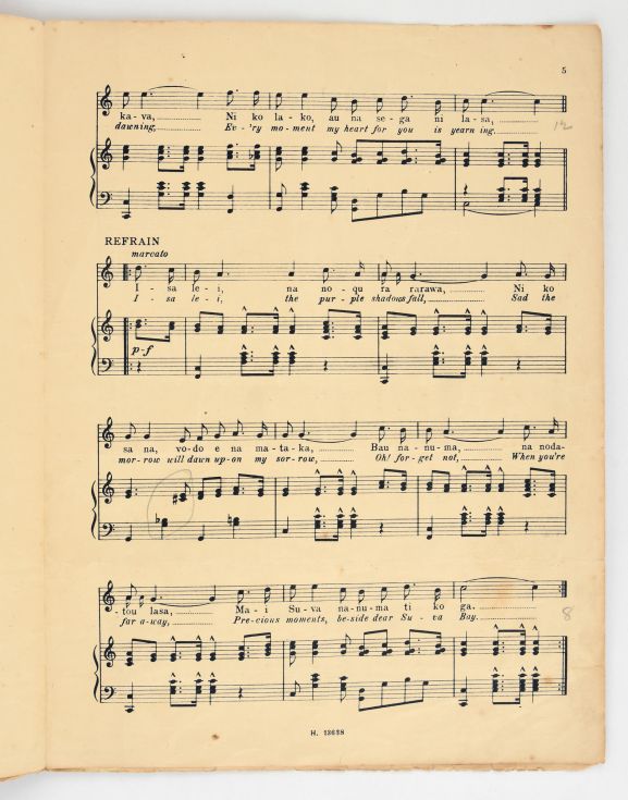 'Isa Lei – a Fijian Melody' sheet music showing the melody and the lyrics. From the collection of the Air Force Museum of New Zealand.