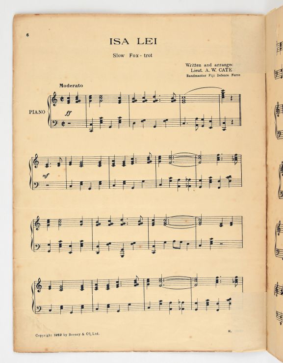 'Isa Lei – a Fijian Melody' sheet music showing the arrangement of the song into a foxtrot to be danced. From the collection of the Air Force Museum of New Zealand.
