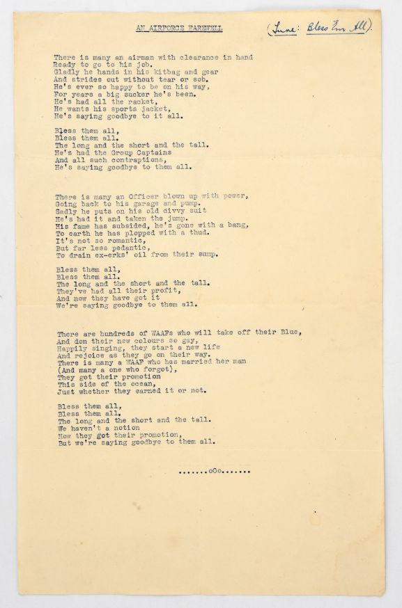 'An Air Force Farewell”'Music Lyrics, a parody of 'Bless ‘em All.'  From the collection of the Air Force Museum of New Zealand.