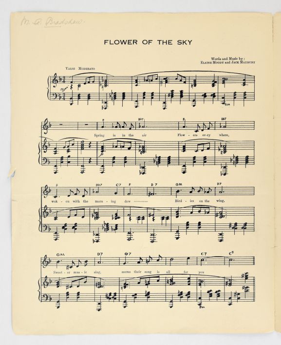 'Flower of the Sky' sheet music showing the melody and the lyrics. From the collection of the Air Force Museum of New Zealand.