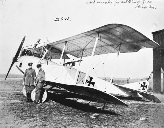 Caldwell describes this photograph in his album “DFW. Used mainly for artillery fire observation.” Deutsche Flugzeug-Werke (DFW) manufactured aircraft in Germany from 1910 until just after World War One. Image from the K. L. Caldwell personal album collection.