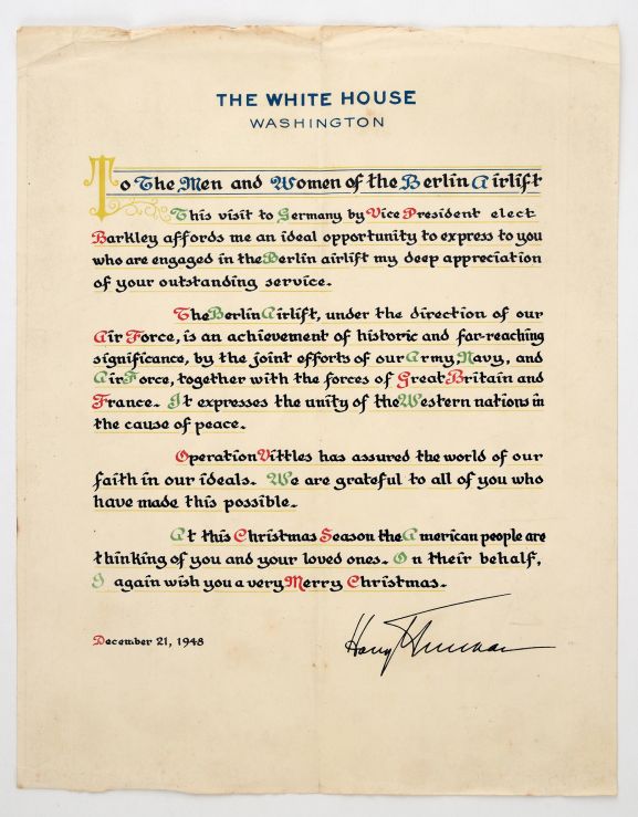 Letter of appreciation from the White House to those taking part in the Berlin Airlift. Christmas 1948. From the collection of the Air Force Museum of New Zealand.