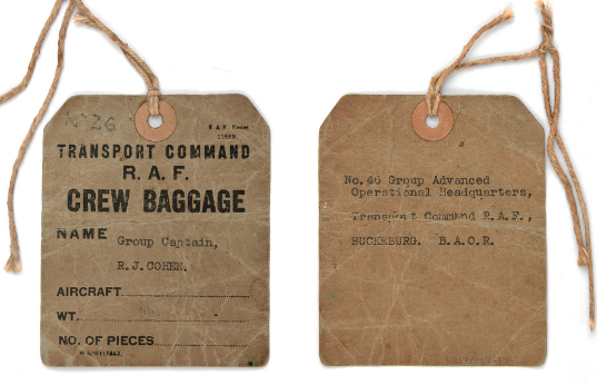 Baggage label used by Group Captain Ronald Cohen when travelling to RAF Buckeburg in Germany. From the collection of the Air Force Museum of New Zealand.