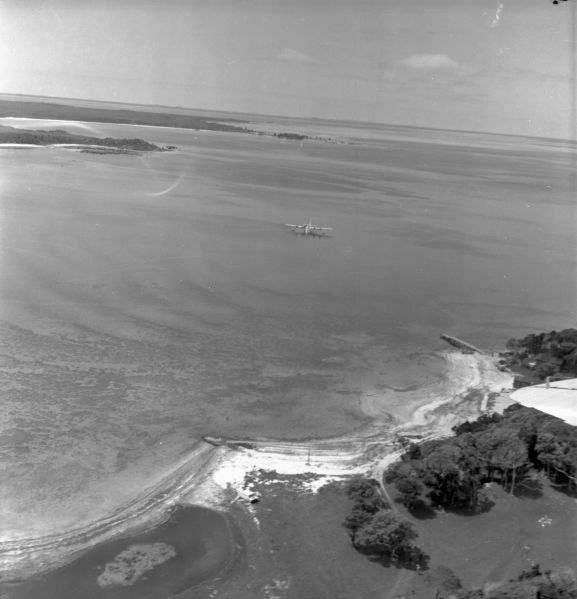 Aerial view of the aircraft in Te Whanga lagoon, Chatham Islands. Image ref: PR2183-R2-10-59 ©RNZAF Official