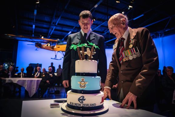 Ron Hermanns celebrating his 108th birthday at the Air Force Museum of New Zealand. He is pictured with the youngest current serving airman in the RNZAF, Aircraftman Hamish Batchelor.
Image ©NZDF Official