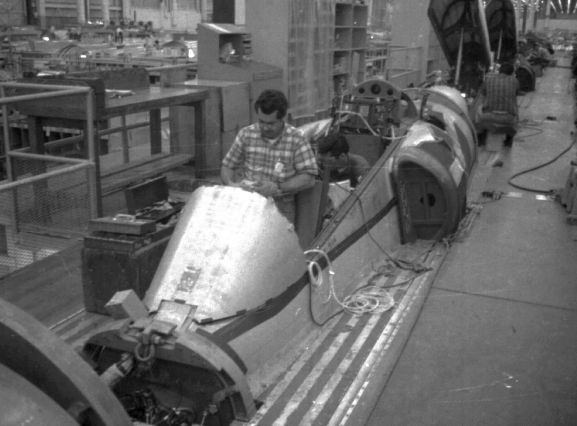 Skyhawks for the RNZAF under construction at Douglas Aircraft Company, Longbeach, California, United States.
Fuselage cockpit sections on the production line.