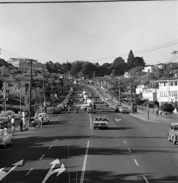 New Skyhawks being towed through Auckland streets on the way to Whenuapai, RNZAF Base Auckland.