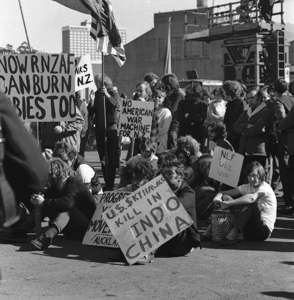 Group of protesters picketing the arrival of the new Skyhawk fleet in Auckland