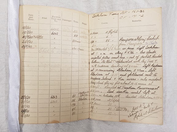 Euan Dickson's flying log book, open at the page with his entry for the first aerial crossing of Cook Strait, 25 August 1920. From the collection of the Air Force Museum of New Zealand.