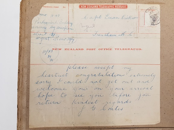 Telegram of congratulations from Minister of Public Works (later, Prime Minister) and aviation enthusiast, Joseph Coates, to Captain Euan Dickson on his Cook Strait Crossing, 25 August 1920. From the collection of the Air Force Museum of New Zealand.