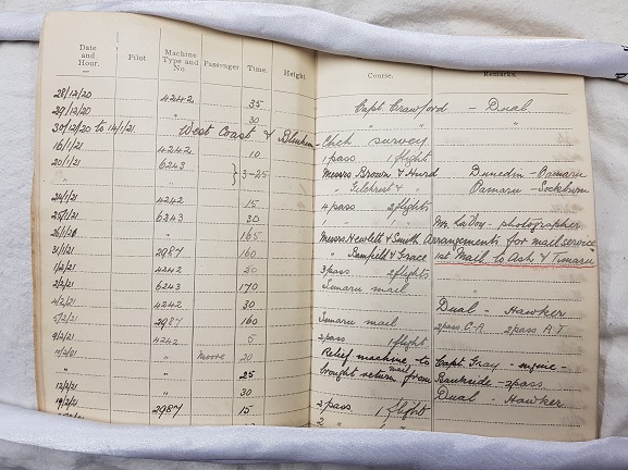 Page from Canterbury (NZ) Aviation Company Chief Pilot Euan Dickson's log book, showing the entry for the first scheduled air mail flight on 31 January 1921. From the collection of the Air Force Museum of New Zealand.