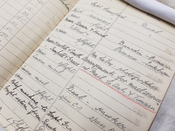 Page from Canterbury (NZ) Aviation Company Chief Pilot Euan Dickson's log book, showing the entry for the first scheduled air mail flight on 31 January 1921. From the collection of the Air Force Museum of New Zealand.