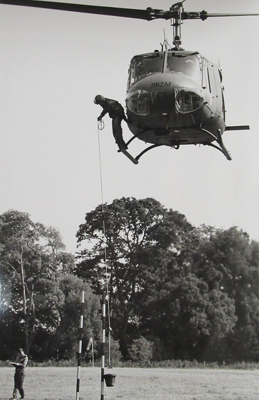 No. 3 Squadron RNZAF team flying Iroquois NZ3801 during the precision flying portion of the competition at Helimeet 90. Image from No. 3 Squadron Unit History.