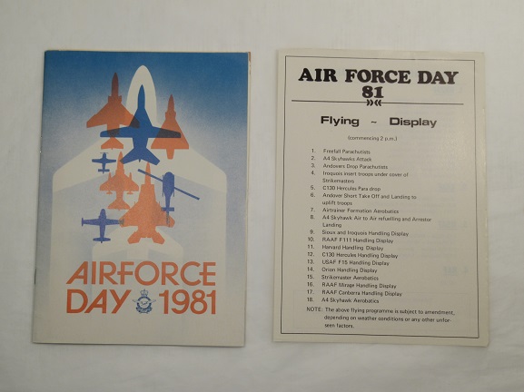 Programme of events, Air Force Day '81. The front cover illustration was designed by the RNZAF's official artist, Wing Commander Maurice Conly. From the collection of the Air Force Museum of New Zealand.