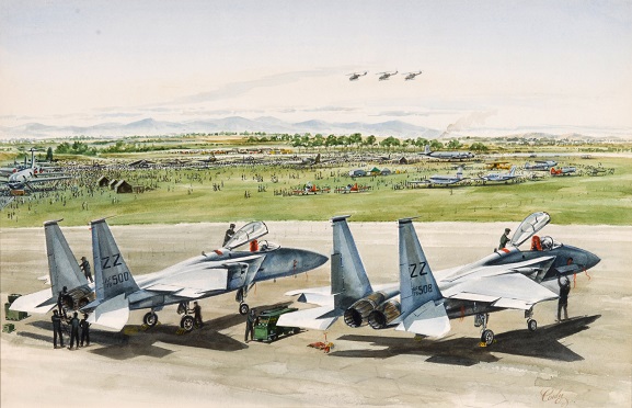 Watercolour - 'Air Force Day 1981' by Wing Commander Maurice Conly. Artwork depicts the two United States Force F-15 aircraft on the tarmac at the Open Day: F-15c 780500 (left) and F15c 780508 (right) both from the 67th Fighter Squadron, 5th Air Force USAF. From the collection of the Air Force Museum of New Zealand.