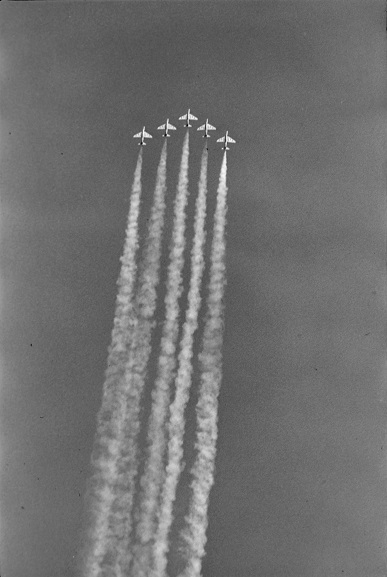 No. 75 Squadron aerobatic team performing a formation flying display at Air Force Day '81. Image ref OhG486-81, RNZAF Official.
