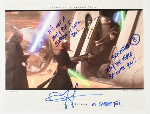 Signed poster photograph of Jesse Jensen in action as Jedi knight Saesee Tiin