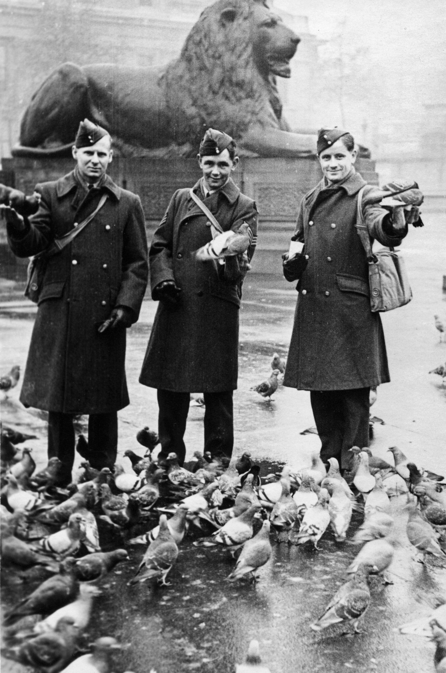 Warrant Officer Jack Maxwell Shaw and fellow airmen wearing greatcoats and holding pigeons in Trafalgar Square.